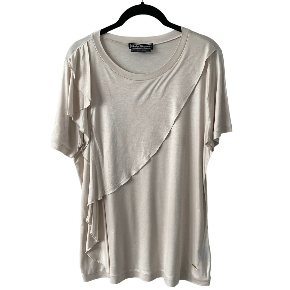 Salvatore Ferragamo Short Sleeve Ruffles Round Neck Casual Blouse Cream Large